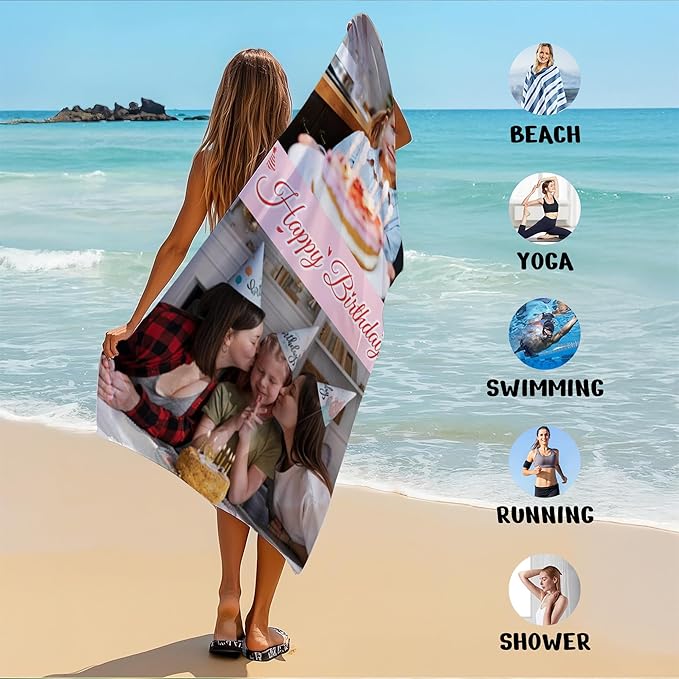 JML Birthday Gifts for Mom Dad Daughter Son, Personalized Beach Towel with Photo Text, Custom Beach Towel Gift for Mother's Day, Anniversary, Family Day, Summer Holiday, Vacation