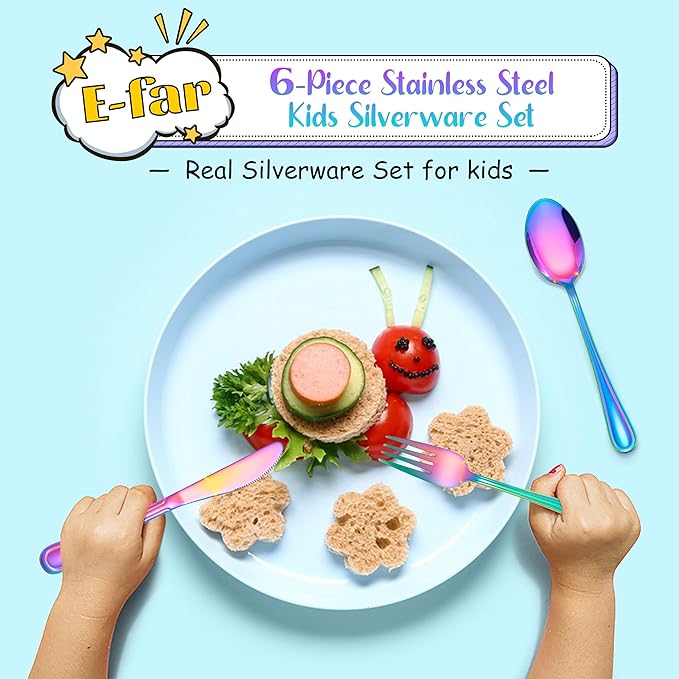 E-far 6-Piece Kids Silverware, Stainless Steel Toddler Utensils Safe for Preschooler/Children, Includes 2 Forks 2 Spoons 2 Knife, Slimline Adult Look & Small Size, Rust Free & Mirror Polished-Rainbow