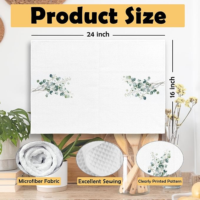 Sage Green Eucalyptus Botanical Kitchen Towels Set of 2, Watercolor Eucalyptus Bathroom Decor, Sage Green Kitchen Decor Hand Towel, Leaves Tea Towel Dish Towels 16x24 Inch