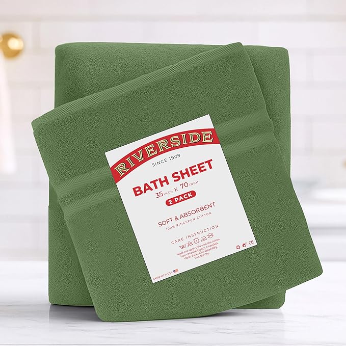 RIVERSIDE Pack of 2 Extra Large Bath Sheets 35 x 70 Inches - 100% Ring Spun Cotton Hotel Quality Oversized Bath Towels - Super Soft, Highly Absorbent & Quicker to Dry - Sage Green