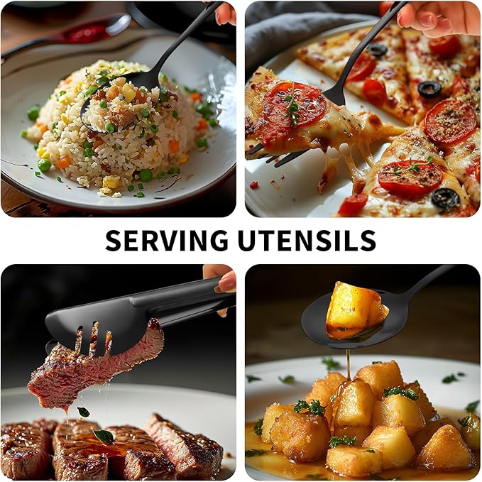 65PCS Silverware Set for 8 with Flatware Drawer Organizer, Stainless Steel Cutlery Set with Steak Knives, Include Spoons and Forks Set & Serving Utensils, Mirror Polished, Black