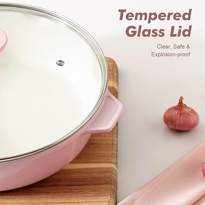 SENSARTE Nonstick Skillet with Lid 12-inch, 5QT Ceramic Deep Frying Pan, Non Toxic Saute Pan with Lid, Stay-cool Handle, Healthy Cooking Pot, Induction Compatible, Sakura Pink