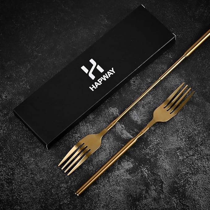 2 PCS Extendable Fork, Expandable Fork for Prank/Jokes, Extended Extending Extend Extender Extension from 8.7" to 25.4" Extra Long, Stainless Steel Telescopic/Telescoping/Retractable Forks. Gold
