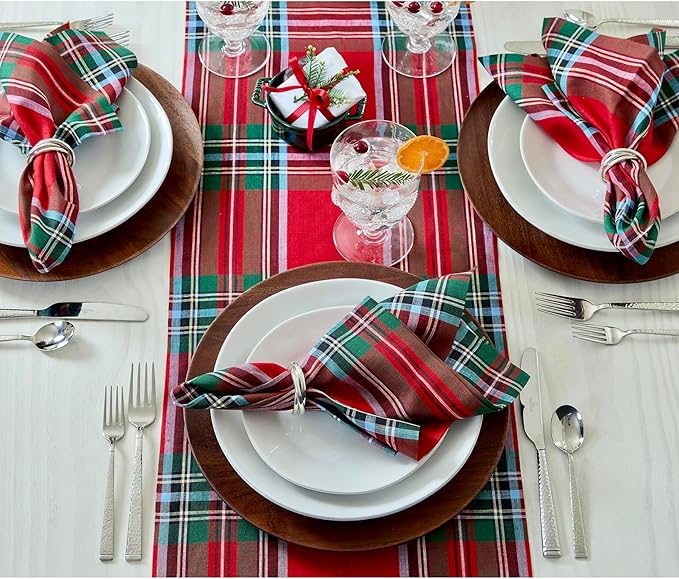 Solino Home Table Runner 120 Inches Long - 100% Pure Linen Red Madras Holiday Tartan Plaid Table Runner 14 x 120 Inch for Dining, New Year