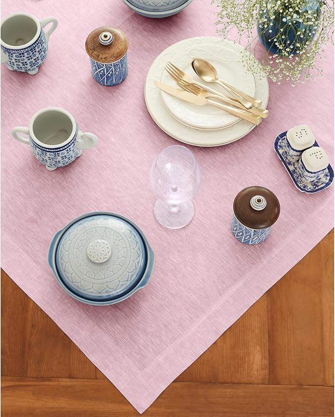 Solino Home Linen Tablecloth 52 x 52 Inch - 100% Pure Linen Square Table Throw - Athena, Machine Washable Bubblegum Pink Tablecloth for Christmas