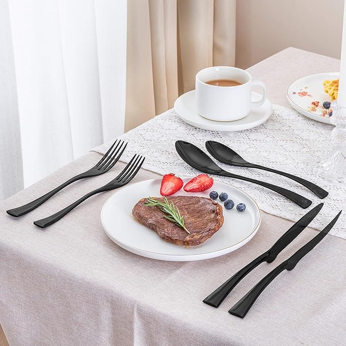 24 Pieces Black Silverware Set with Steak Knives Service for 4,Modern 18/10 Stainless Steel Flatware Cutlery Set,Utensil Set for Home Restaurant Hotel,Mirror Polished,Dishwasher Safe