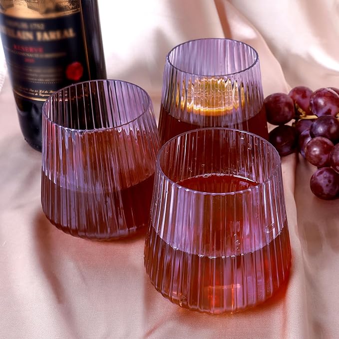 40 Pack Plastic Ribbed Wine Glasses, 14Oz Origami Disposable Wine Glasses Unbreakable Clear Plastic Cocktail Glasses Recyclable Shatterproof Reusable Wine Cups (14oz-blue-40pack)