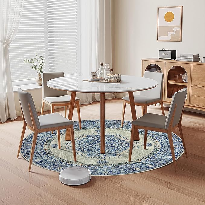 Easy-Going Round Rug 6ft Area Rug Washable Boho Circle Rugs for Living Room Non-Slip Bedroom Rug Low Pile Lightweight Medallion Distressed Throw Rug for Dining Room Kitchen Office, Vintage Blue Cream