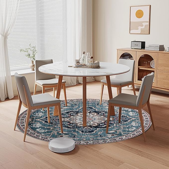Easy-Going Round Rug 6ft Area Rug Medallion Distressed Washable Circle Rugs for Living Room Non-Slip Bedroom Rug Low Pile Lightweight Vintage Retro Throw Rug for Dining Room Kitchen Office, Teal Brick