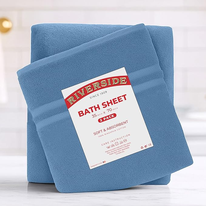 RIVERSIDE Pack of 2 Extra Large Bath Sheets 35 x 70 Inches - 100% Ring Spun Cotton Hotel Quality Oversized Bath Towels - Super Soft, Highly Absorbent & Quicker to Dry - Medium Blue