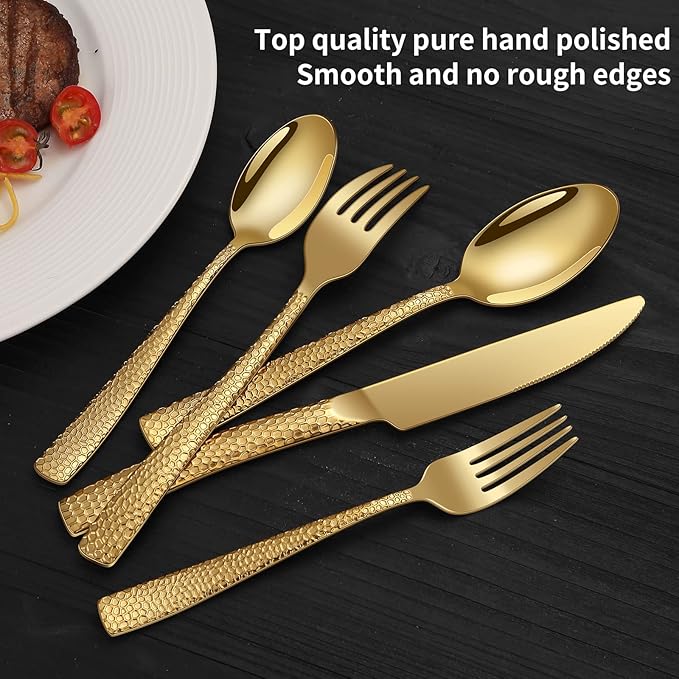 40-Piece Silverware Set, Gold Hammered Stainless Steel Flatware Sets for 8, Food-Grade Tableware Set, Including Fork Knife Spoon Set, Durable Home Kitchen Cutlery Sets, Dishwasher Safe, RX357