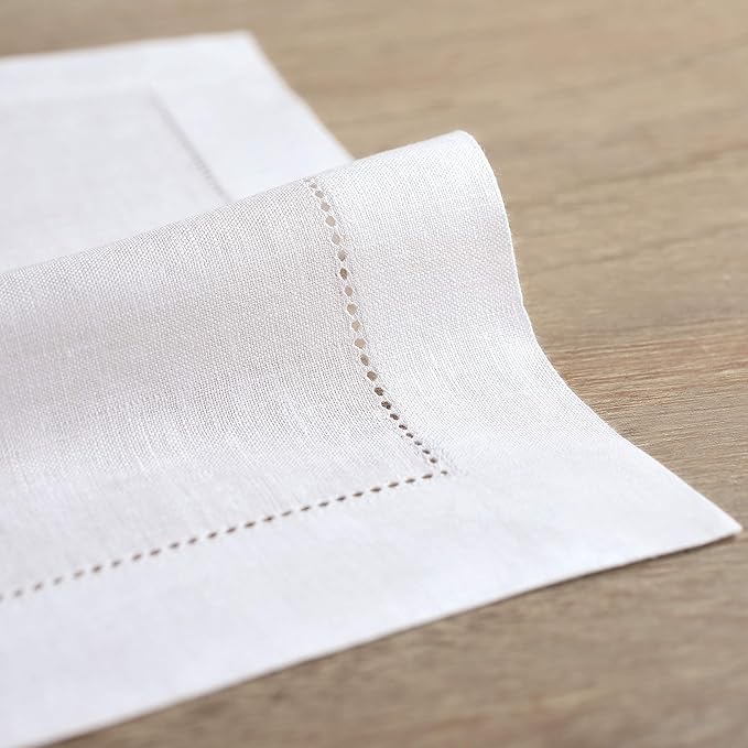 Solino Home Linen Cloth Placemats Set of 6-100% Pure Linen Hemstitch White Placemats 14 x 19 Inch - Classic Hemstitch Table Place Mats for Winter, Valentines, Holiday, New Year