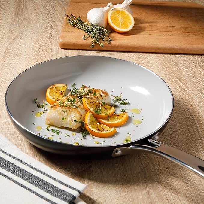 Sur La Table Kitchen Essentials Potluck Porch 10 Inch Deep Frying Pan Skillet Aluminum PFA Free Ceramic Cookware Chef's Pan, Omelet Pan - Induction - Black