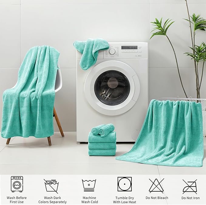 18 Pcs Blue Green Woven Family Towels Set-6 Bath Sheets,6 Hand Towels,6 Washcloths Soft Polyester Towels Absorbent Shower Towel Quick Dry Beach Chair Towel Lint Less Towels Set for Bathroom Spa Gym