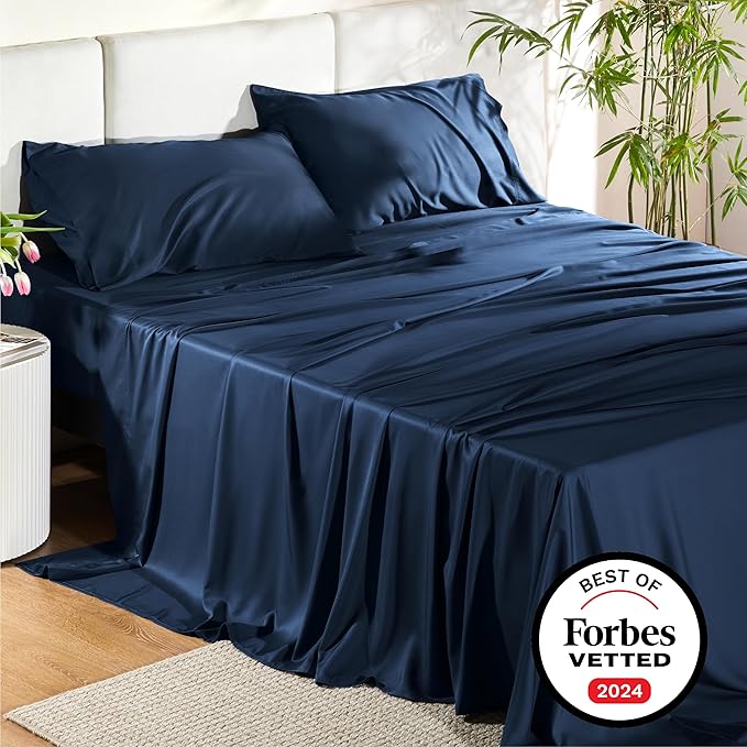 Bedsure Queen Sheet Set, Rayon Derived from Bamboo, Cooling Sheets, Breathable & Soft, Deep Pocket Up to 16 Inches, Hotel Luxury Silky Bedding for Hot Sleepers, Navy