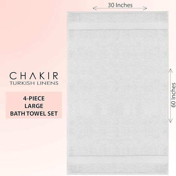 Chakir Turkish Linens 100% Cotton Premium Turkish Towels for Bathroom | 30'' x 60'' Large Bath Towels (4 Piece, Silver)