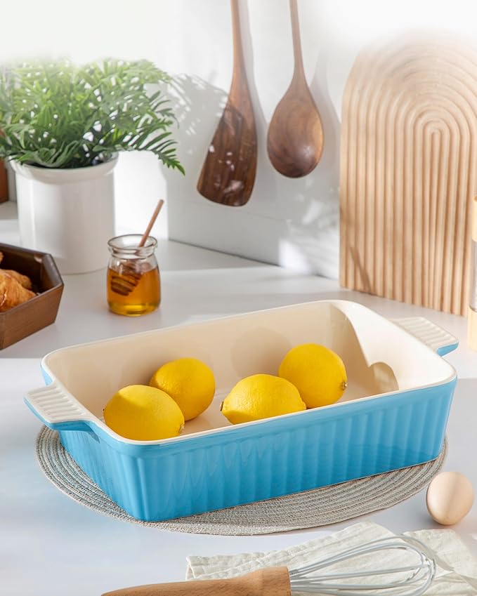 MALACASA 4.4 QT Baking Dish, 9x13 Large Casserole Dish for Oven, Ceramic Baking Pan, Rectangular Lasagna Pan Deep with Handles for Baking, Durable Microwave Oven Safe, Blue, Series BAKE-BAKE