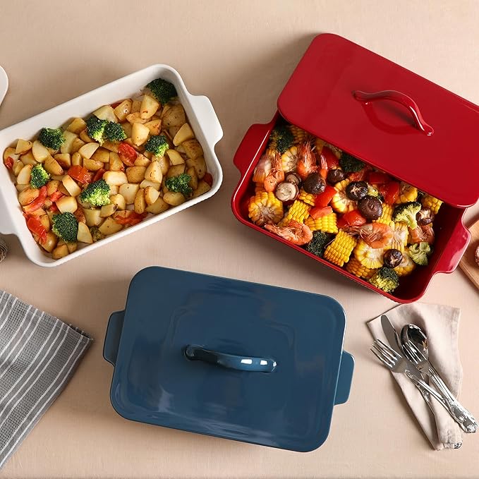 Casserole Dish with Lid, Ceramic 9x13 Casserole Dish for Oven, Rectangular Bakeware, Large Baking Dish with Handles for Holiday Cooking, Roasting, Baking, Oven & Microwave Safe (Blue)
