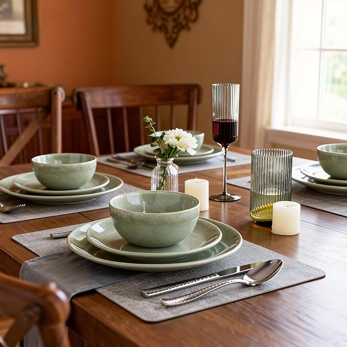 AmorArc Ceramic Dinnerware Sets for 8, 24 Pieces Handpainted Plates and Bowls Set, Scratch Resistant Stoneware Dishes Set, Dishwasher & Microwave Safe, Olive Green