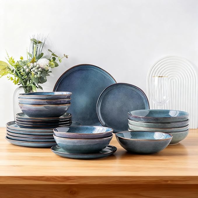 AmorArc Ceramic Dinnerware Sets,Handmade Reactive Glaze Stoneware Plates and Bowls Set,Highly Scratch Resistant | Dishwasher & Microwave Safe,Service for 4 Dishes Set - Reactive Blue(12pc)