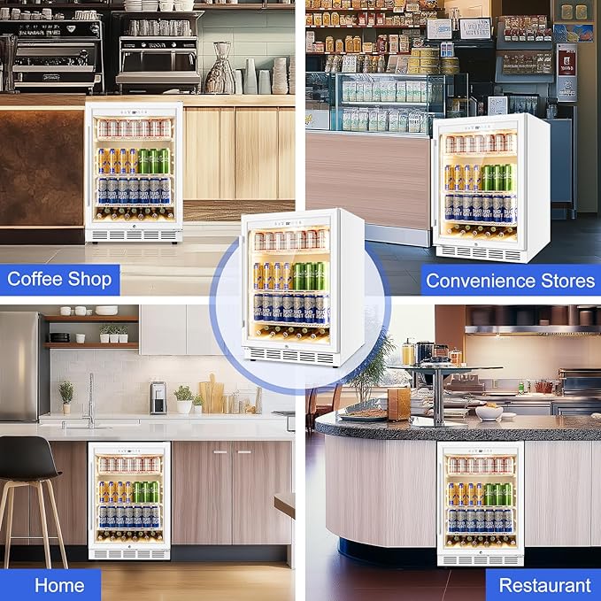24 Inch Beverage Refrigerator with Glass Door, Undercounter Beverage Fridge 200 Cans Large Capacity, Beverage Cooler for Beer Soda with Reversible Door, Temperature Control, Safety Lock, White