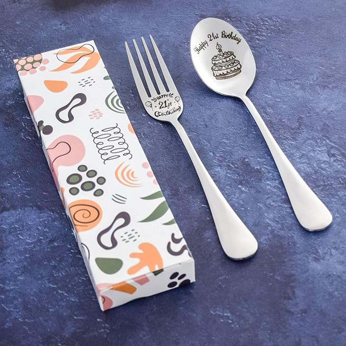Happy 21st Birthday Spoon&Fork Gifts Engraved Spoon&Fork Personalized Birthday Gifts for Son Daughter Sister Brother Friends