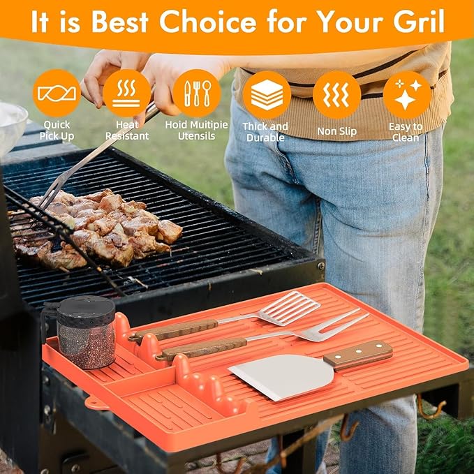 Silicone Griddle Tool Mat Compatible with Blackstone Weber - Flat Top Grill Pellet Smoker Side Shelf Spatula Mat with Drip Pad - Gifts for Men BBQ Grilling Accessories(Orange-2Pcs)