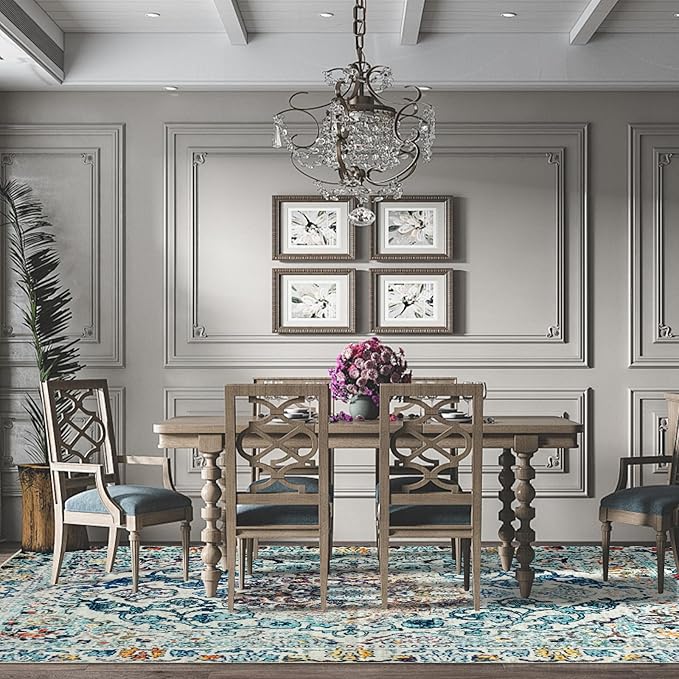 Easy-Going Area Rug 6x9 Washable Boho Rugs for Living Room Non-Slip Bedroom Rug Low Pile Lightweight Medallion Distressed Throw Rug for Dining Room Kitchen Home Office Carpet, Vintage Multi