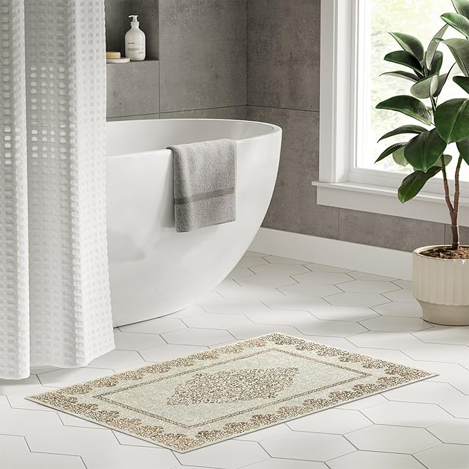 Easy-Going Boho Neutral Area Rug 3x5 Entryway Rug Washable Inside Door Mats for Home Entrance Non-Slip Floral Brown Small Rugs for Entry Living Room Bedroom Kitchen Bathroom Office Lightweight Carpet