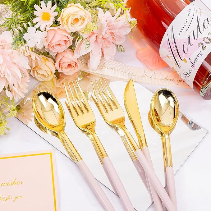 SUT 160Pcs Pink and Gold Plastic Silverware, Heavy Duty Plastic Silverware, Valentines Plastic Utensils, 80 Plastic Forks, 40 Knives, 40 Spoons, Disposable Cutlery for Parties, Valentines(Pink Gold)