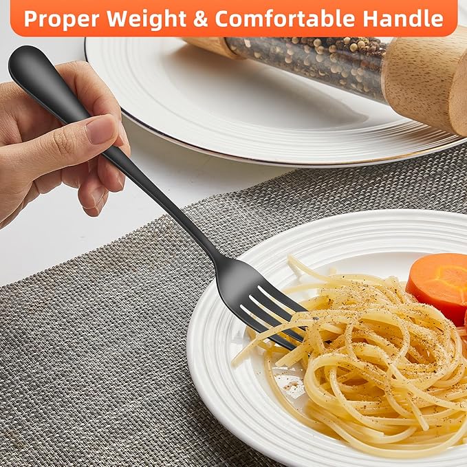 12 Piece Dinner Forks, 8 Inch, Top Food Grade Extra-Fine Stainless Steel Silverware Forks,Silverware Set, Dishwasher Safe (Black)