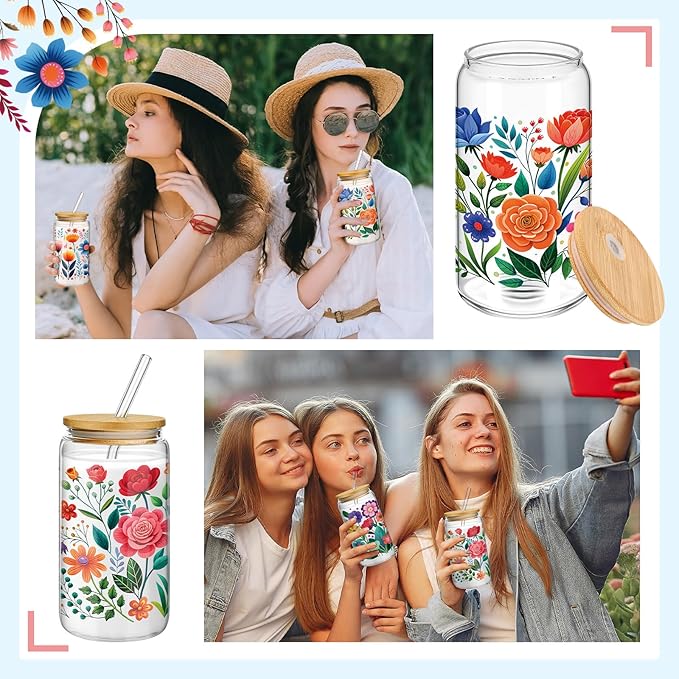 Mumufy Gift for Women Cute Glass Cup Tumbler Flower Iced Coffee Mugs 16 oz Glass with Bamboo Lid & Straw, Mothers Day Birthday Gift for Mom Sister Bridesmaid Baby Shower(4 Pack,Abstract Flower)