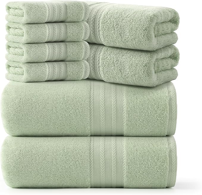 REDKISS Green Towel Set of 8-100% Cotton Luxury Bath Towels Set for Bathroom, 600 GSM Highly Absorbent Bathroom Towel with 2 Large Bath Sheet, 2 Hand, 4 Washcloths, Green Shower Towels for Dorm