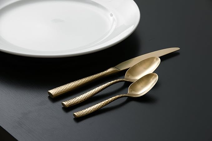 Fortessa Lucca Faceted 18/10 Stainless Steel Flatware, Dessert/Soup Spoon, 7.1", Set of 12, Brushed Gold