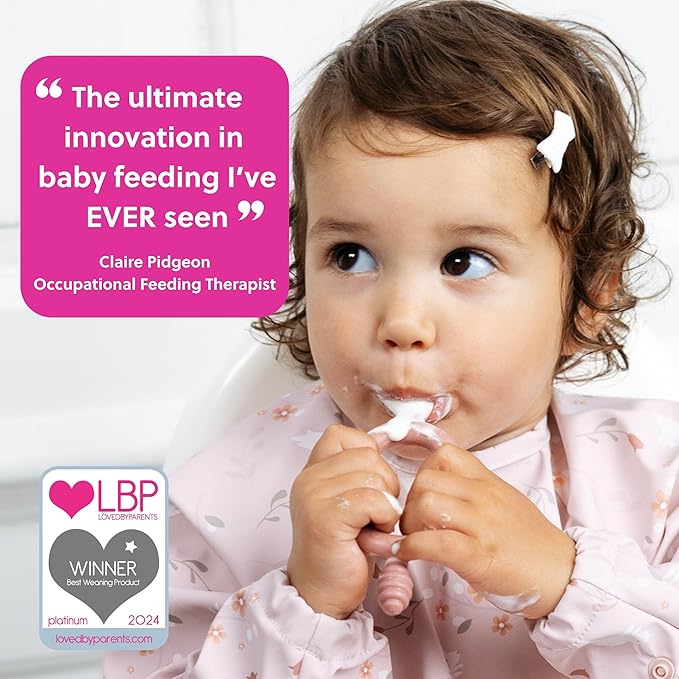 Bibado - Dippit Baby Spoon and Dipper, Blush (2-Pack) - Soft, Chewable Dipper & Deep Spoon - Two-Hand, Sensory Grip - Toddler Utensils - Baby Led Weaning Supplies - Baby Essentials - 6 Months+