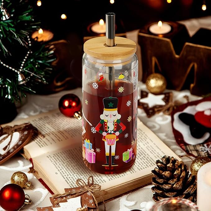 Joeyan Christmas Glass Cups with Lids and Straws,Xmas Nutcracker Tumbler Iced Coffee Glass with Keychain and Socks,Decorative 20oz Drinking Glasses with Tree Soldiers Patterns,Gift for Women Family