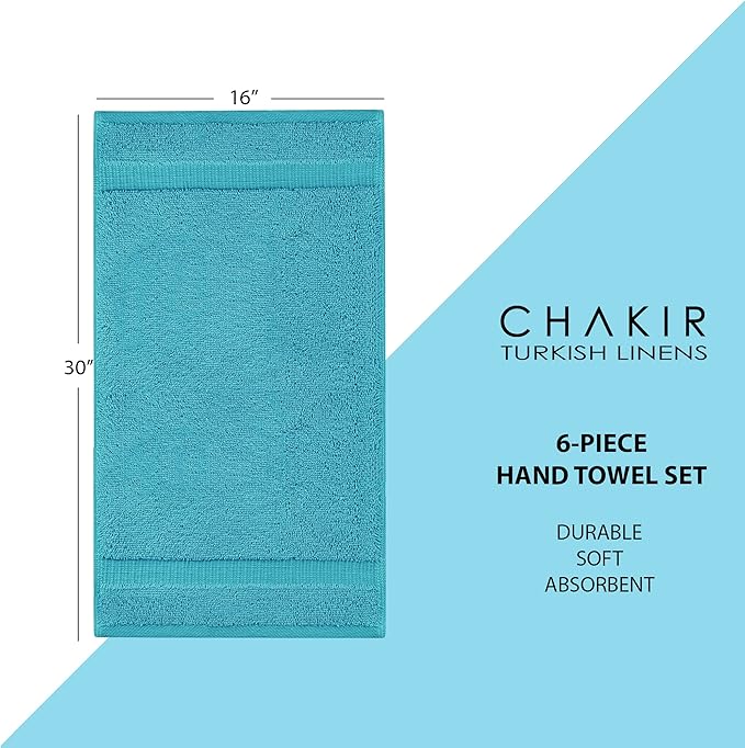 Chakir Turkish Linens | Hotel & Spa Quality 100% Cotton Premium Turkish Towels | Soft & Absorbent (6-Piece Hand Towels, Aqua)