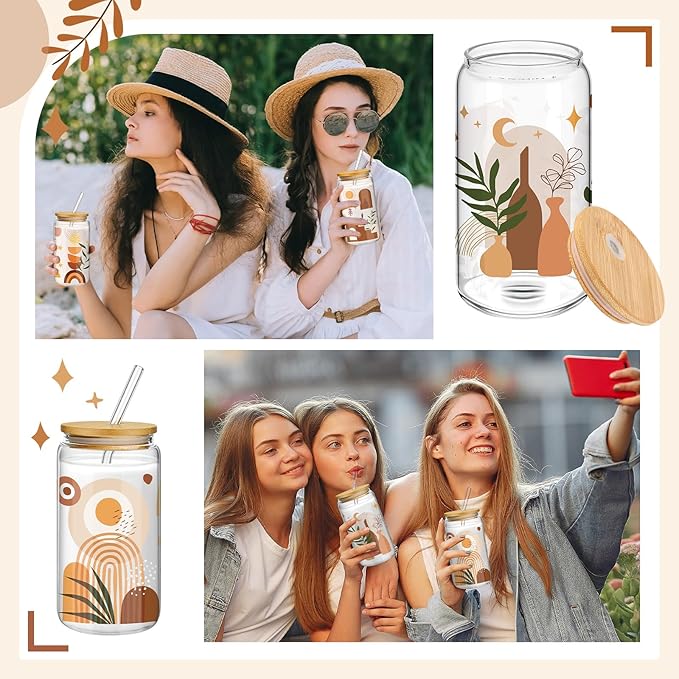 Mumufy 4 Pack Bohemian Neutral Aesthetic 16 oz Glass Cup Tumbler with Bamboo Lid & Straw, Boho Rainbow Abstract Design Iced Coffee Mugs, Gift for Women Mom Sister Mothers Day Birthday