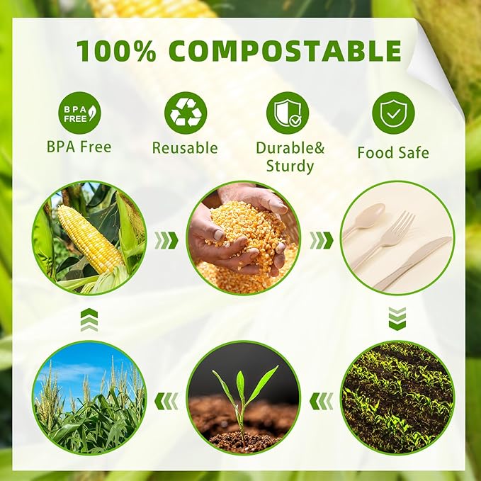 Compostable Utensils, Light Brown Plastic Silverware, Compostable Cutlery 100 Forks 100 Spoons 100 Knives, No Plastic Disposable Silverware, Eco Friendly Disposable Cutlery for Party Office Wedding