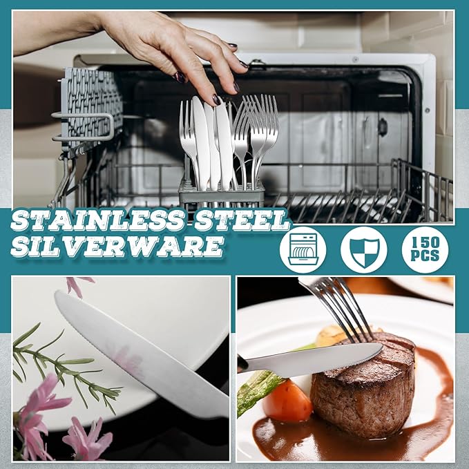 Nuenen 150 Pieces Dinner Knives Set, 8.3 Inches Durable Butter Knife Stainless Steel Serrated Table, Steak Silverware for Home, Restaurant, Kitchen, Dishwasher Safe and Mirror Polished