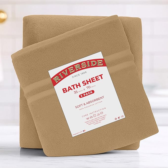 RIVERSIDE Pack of 2 Extra Large Bath Sheets 35 x 70 Inches - 100% Ring Spun Cotton Hotel Quality Oversized Bath Towels - Super Soft, Highly Absorbent & Quicker to Dry - Tan