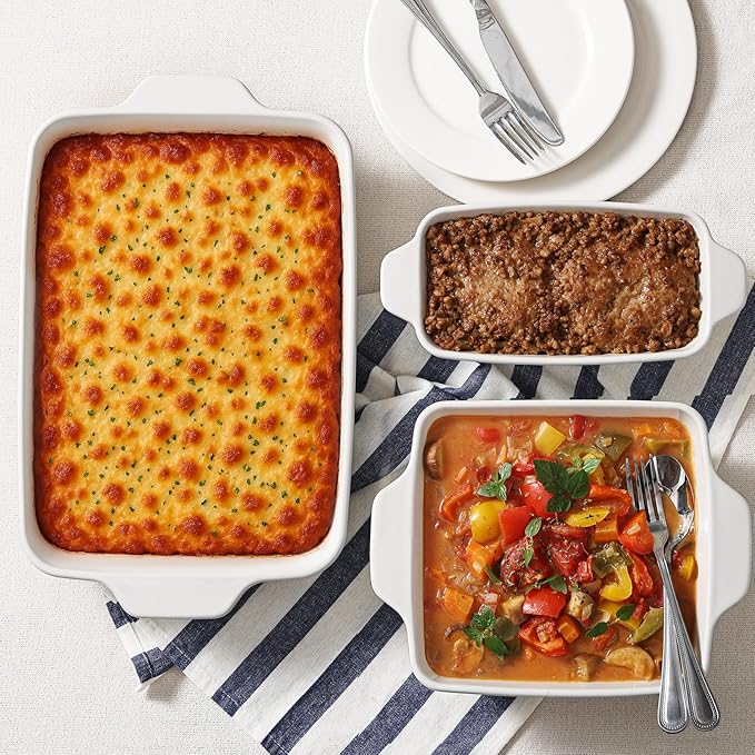DOWAN Casserole Dishes for Oven, Baking Dishes Set, Ceramic Bakeware Sets of 3, Lasagna Pan Deep, Rectangular Baking Pan Set with Handles for Baking, Casserole, Kitchen, Wedding Gift, White (13''/8''/4'')