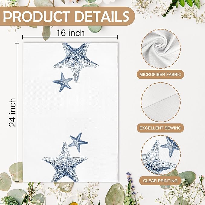 Coastal Starfish Beach Decor Dish Hand Tea Towels for Bathroom Kitchen, Blue Starfish Ocean Nautical Beachy Bathroom Decor, Coastal Nautical Kitchen Towels and Dishcloths Sets of 2, 16x24Inch