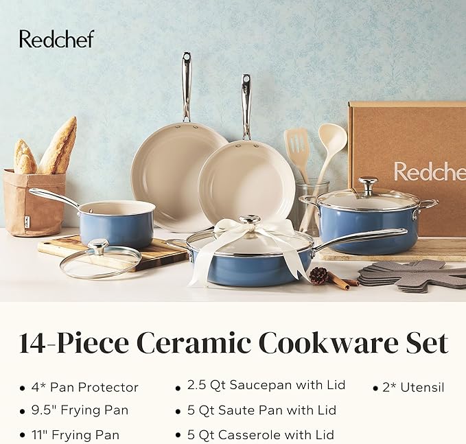 Redchef Ceramic Nonstick Cookware Set,14pcs Pots and Pans Set Non Stick,Induction Cookware with Stainless Steel Handle,Non Toxic Kitchen Cooking Set,Dishwasher & Oven Safe,PFAS PFOA & PTFE Free(Blue)