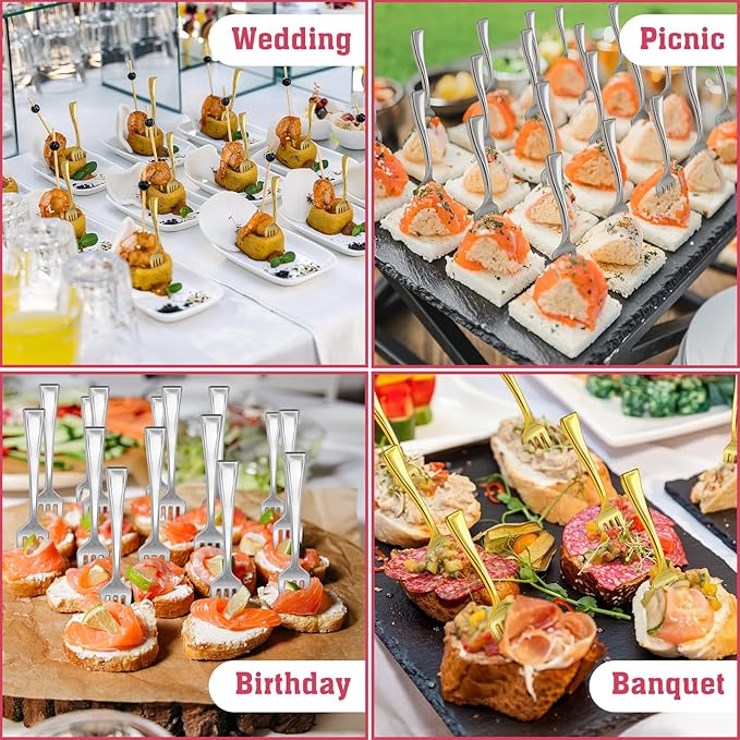 100 PCS Gold and Silver Mini Forks Heavy Duty, 4 inch Gold and Silver Plastic Fork, Mini Forks for Appetizers, Dessert Fork Disposable, BPA Free, Food Safe, Suitable for All Occasions