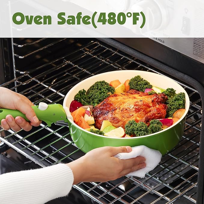 SENSARTE 17 Piece Ceramic Pots and Pans Set, Nonstick Detachable Handle Cookware, Induction Kitchen Cookware Set with Removable Handle, Dishwasher & Oven Safe (Green)