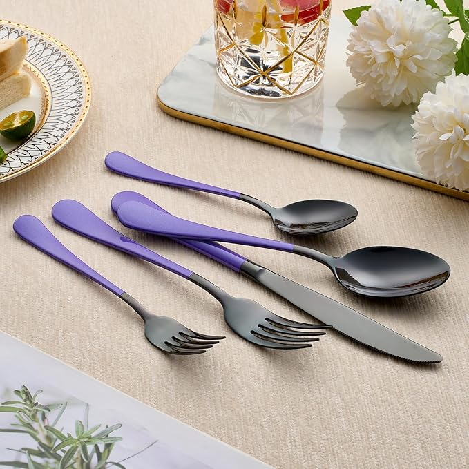 20-Piece Black and Purple Silverware Set 18/0 Stainless Steel Silverware Set Lake Blue Handle Cutlery Set Service for 4 Dinner Knives Forks Spoons Set Flatware Set Finish Dishwasher Safe