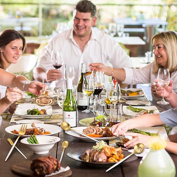 Matte White Gold Serving Silverware Set, 5-Piece Round Shared Utensils Set of Stainless Steel, Hostess Flatware Serving Set, Satin Finish, Dishwasher Safe