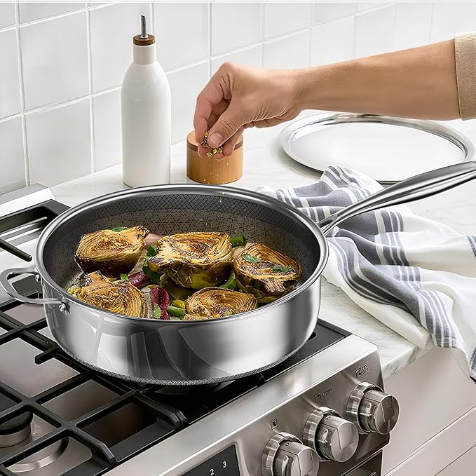 5 Qt Sauté Pan with Lid, 10-inch 5 Ply Stainless Steel Sauce Pan with Lid, Non Stick Frying Pans, Cooking Pot Deep Frying Pan Non-Toxic, For Induction, Oven, Dishwasher Safe