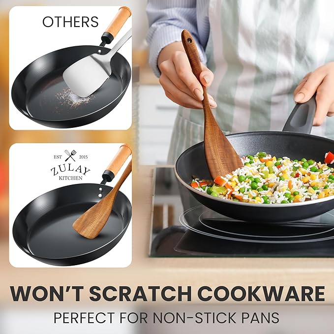 Zulay Kitchen Teak Wood Utensil Set โ 2 Piece Large Wooden Cooking Spoon and Slotted Turner, Handcrafted Natural Teak Wood Kitchen Utensils, Durable, Nonstick Safe & Smooth Finish